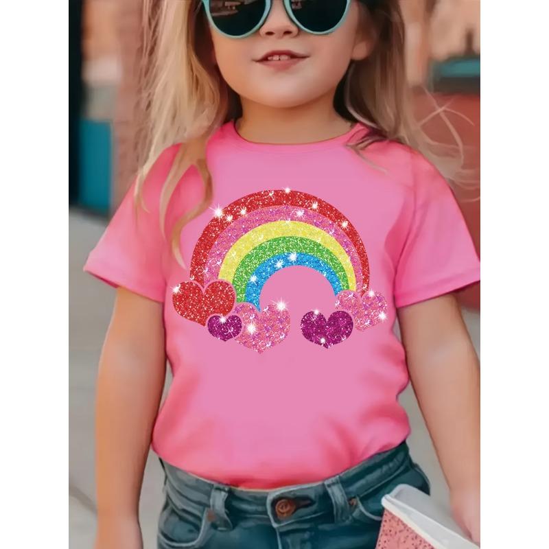 2026 Summer Fashion Girls' Pure Cotton Round Neck Short Sleeve Rainbow Heart Print T-Shirt Casual Versatile Top Trendy Clothing