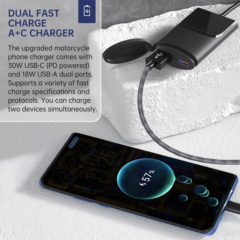 Motorcycle Charger 30W USB-C & 18W USB-A Dual Ports Phone Fast Charging Adapter
