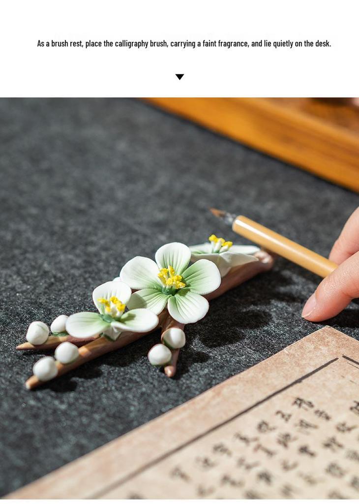 Ceramic Incense Holder & Brush Rest - Magnolia Plum Blossom Design