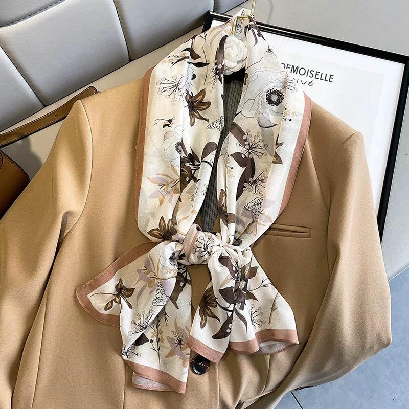 Fashion new long silk scarf women's Korean version line printing simulation silk medium length thin scarf sunscreen shawl