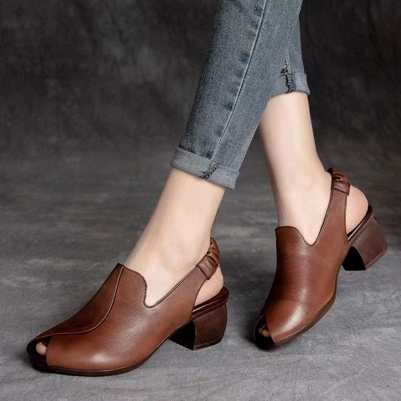 Damen Sommer Neue Leder Blockabsatz Peep Toe Sandalen Weiche Sohle Rutschfest Flach zum Hineinschlüpfen Retro Moderne Sandalen High Heel Sandalen