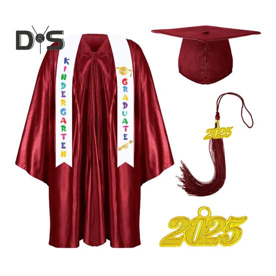 Kinder-Kindergarten-Abschlussuniform mit Quastenhut und Schal, V-Ausschnitt, knielang, lange Ärmel, Reißverschluss, Grundschul-Abschlussrobe für Kinder