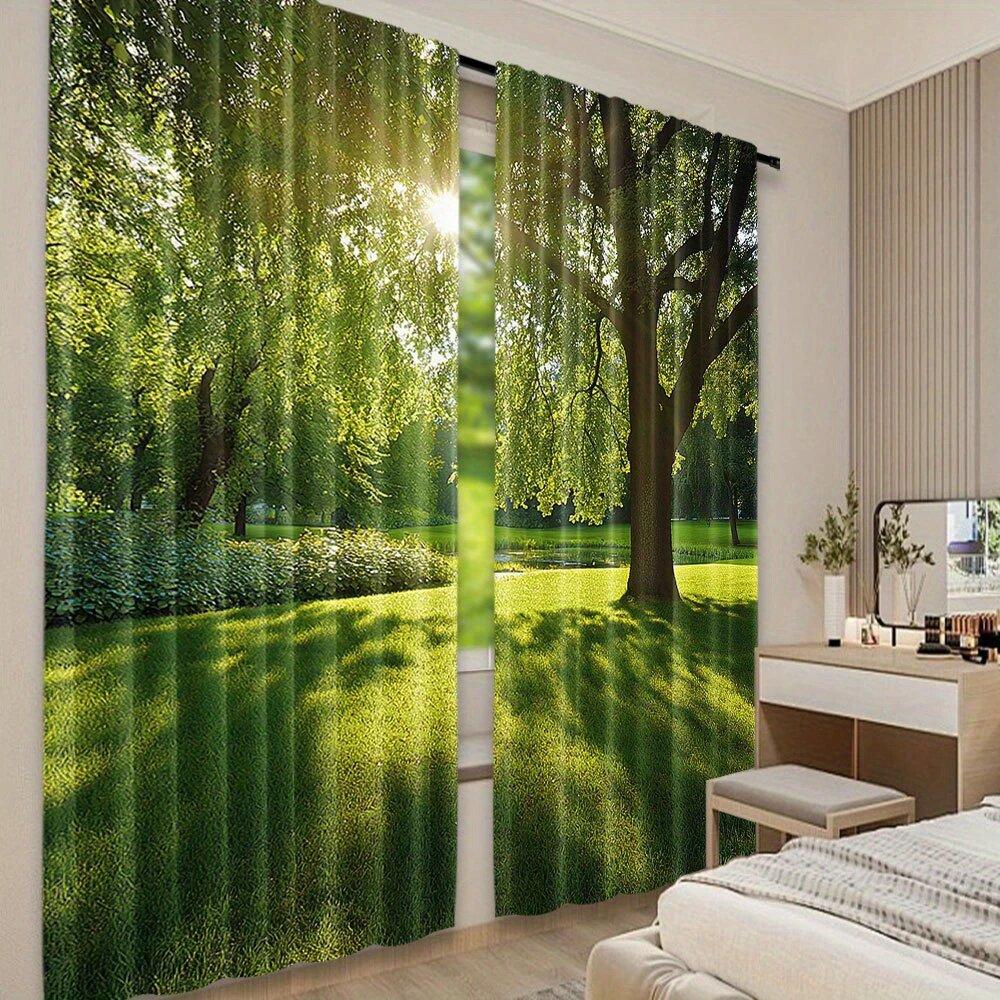 2 pieces of summer forest light and shadow printed curtains, pole bag curtains, home decoration, room decoration