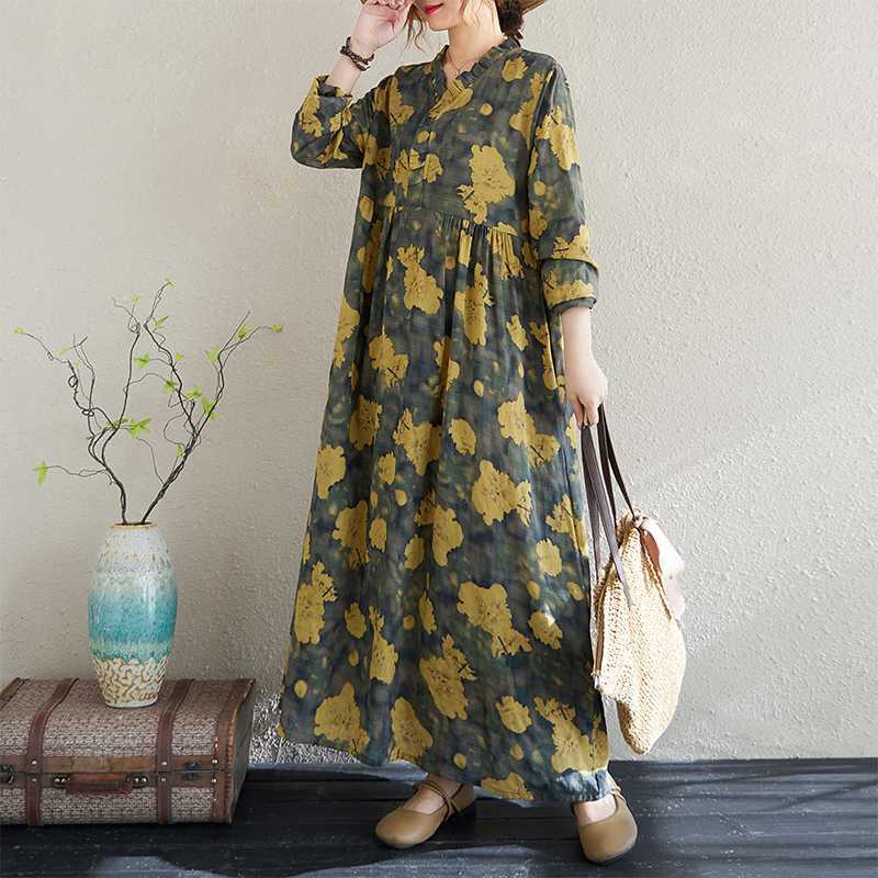 Real Spring and Summer New Retro Cotton and Linen Printing Loose Casual Fungus Lace Collar Long-sleeved Big Swing Dress