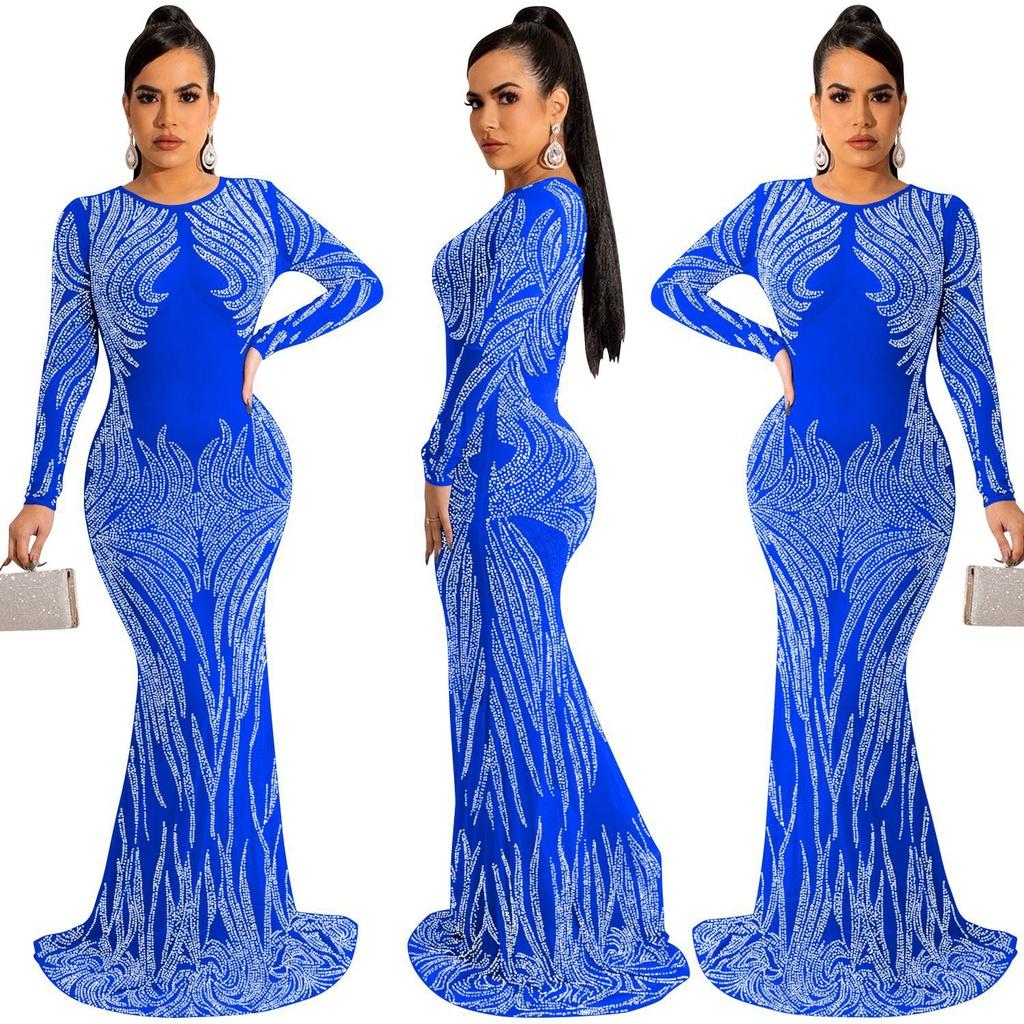 Kvinner Elegant Langermet Rhinestone Rundhals Mesh Gjennomsiktig Brude Maxi Lang Kjole Vert Bryllup Brud Brudepiker Festkjoler