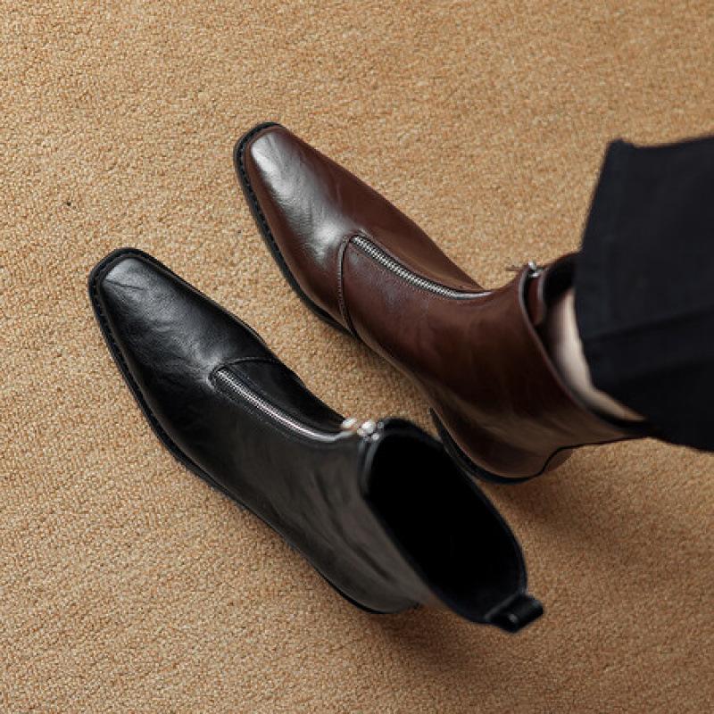 Nouvelles bottes de mode grande taille pour femmes, semelle en caoutchouc surface en cuir, talon moyen, bottes mi-mollet, automne et hiver talon carré version coréenne o