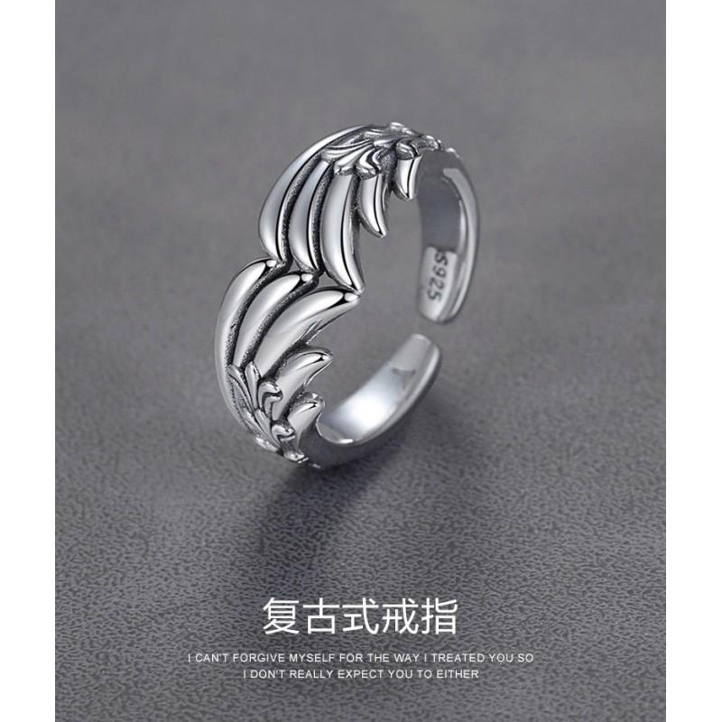 Adjustable Open Ring With Angel Wing Motif Sterling Vintage Punk Boho Jewelry Women Men