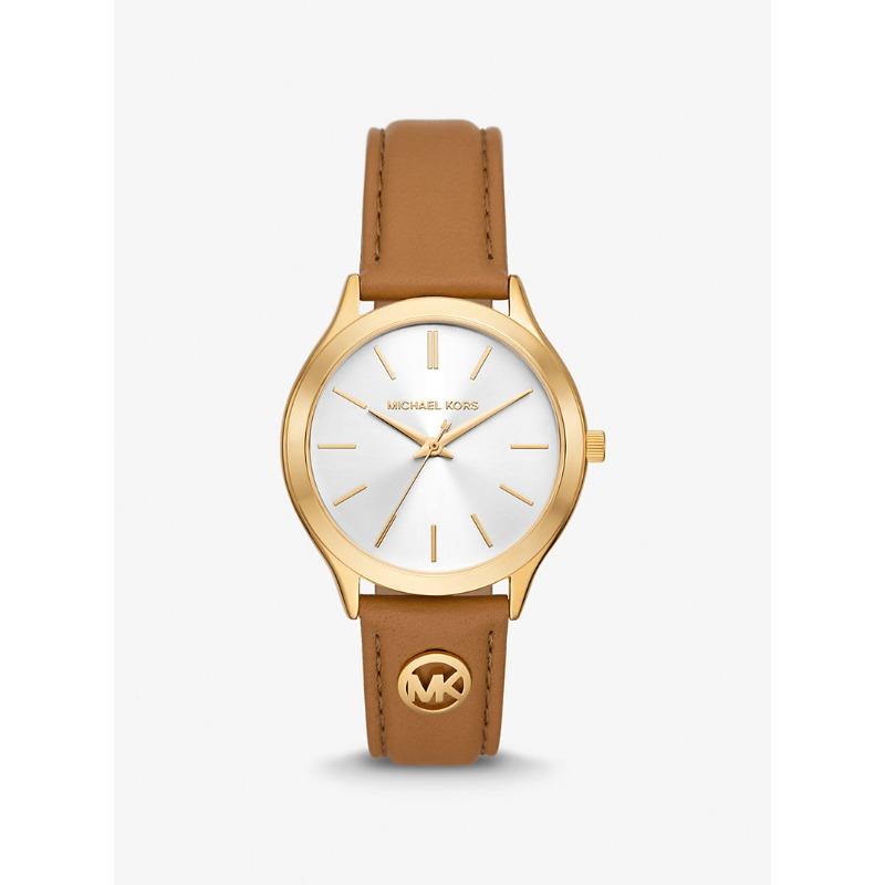 

Мужские часы Michael Kors Slim Runway с золотистым покрытием и кожаным ремешком MK7465 дубильная кора