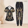 Women Plus Size Colorful Abstract Wave Star Print Scrub Set Short Sleeve V Neck Top And Wide Long Pants Medical Suit