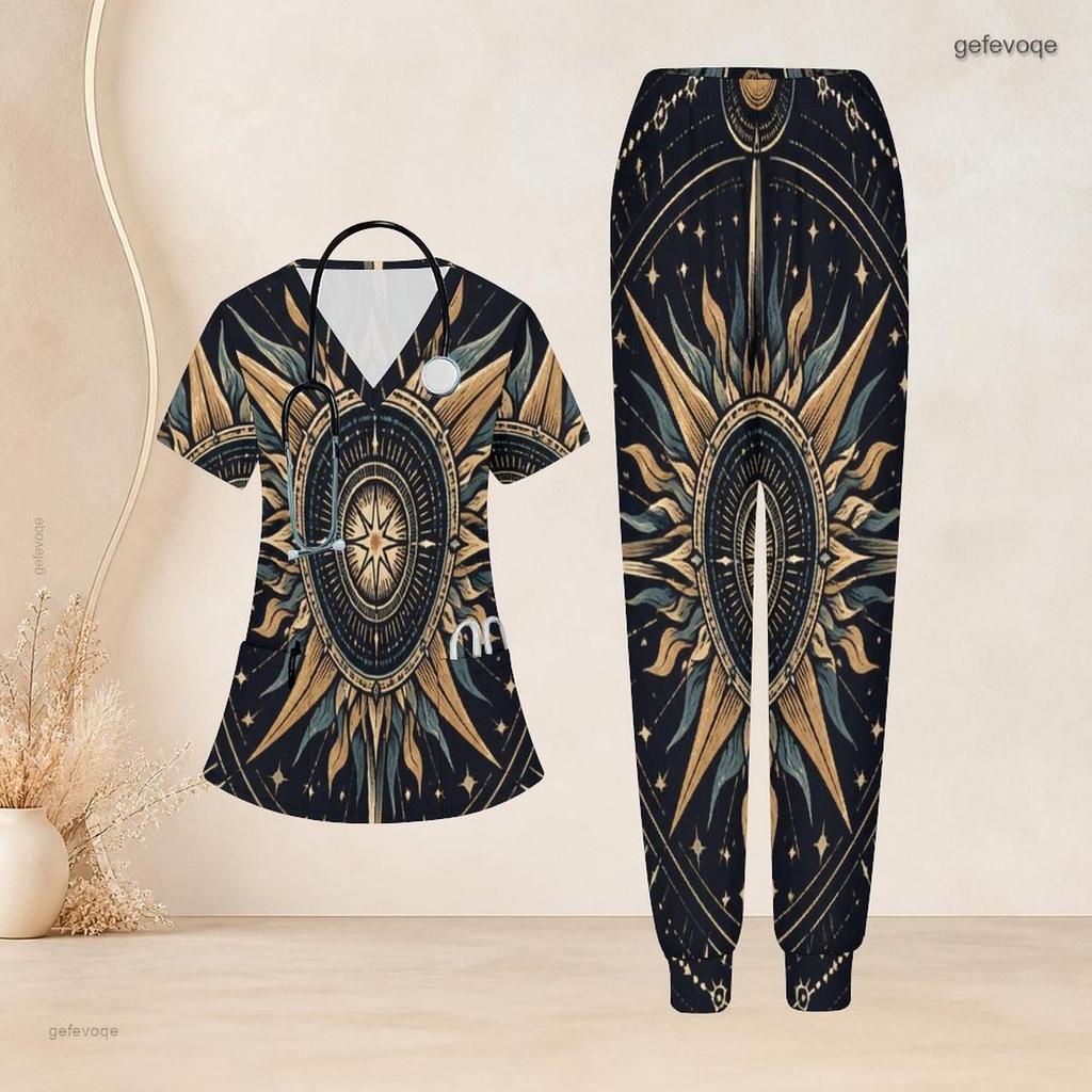 Women Plus Size Colorful Abstract Wave Star Print Scrub Set Short Sleeve V Neck Top And Wide Long Pants Medical Suit