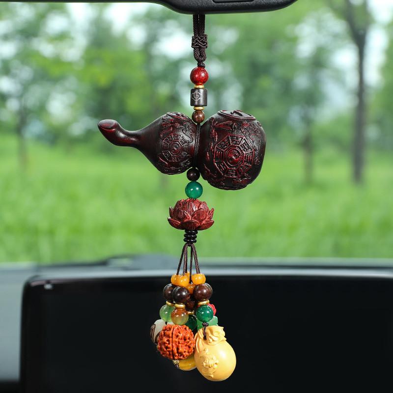 

Peach Wood Beaded Car Ornament With Prosperity Symbols For Elegant Vehicle Decoration Style A