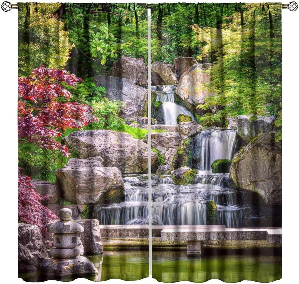 Blackout Red Forest Waterfall Windows Curtains Tree Landscape Woodland Scenic Nature Fall Scenery Art Printed Curtain Made Of Polyester Washable