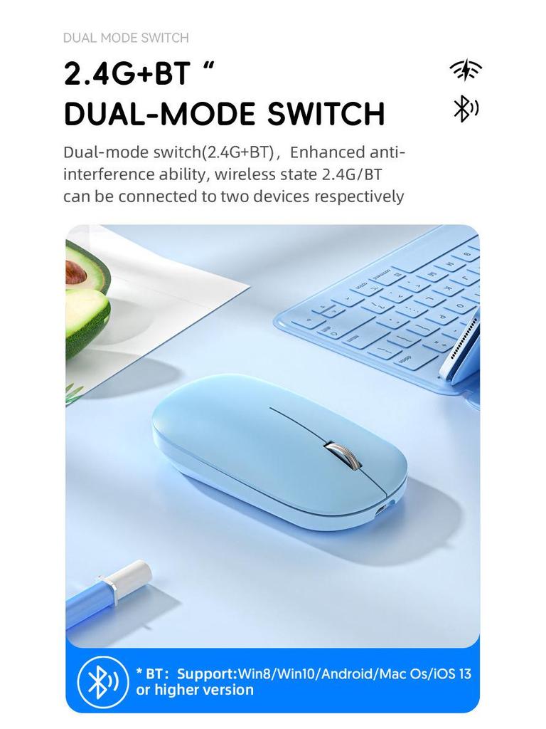 Rechargeable Silent Dual-Mode Bluetooth Wireless Mouse for Gaming and Office Use