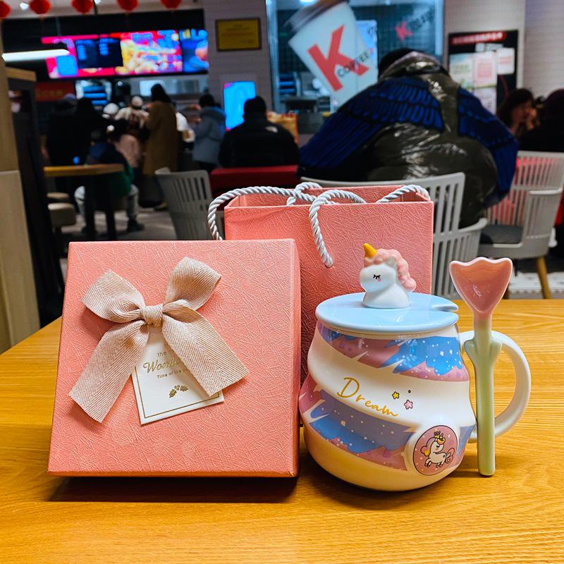 Einhorn Regenbogen Keramiktasse mit Deckel & Löffel - Niedliche Trinktasse für Mädchen