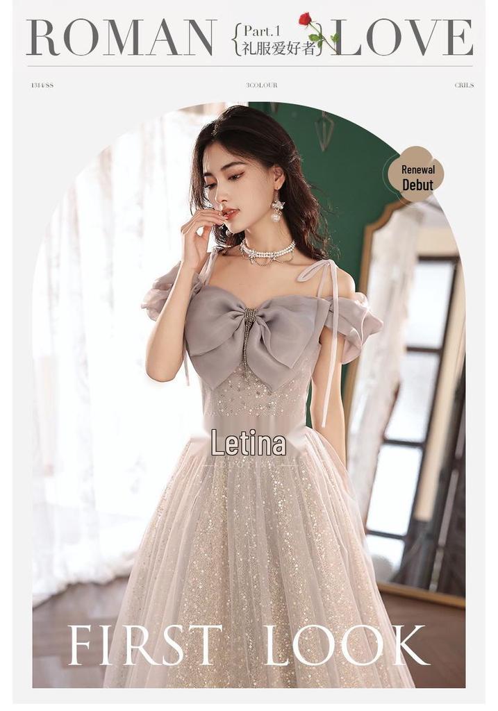 Graues Neckholder-Abendkleid - Damen 2026 Neuer Stil: Luxuriöses Bankettkleid für Zeremonien, Gesangsprüfungen