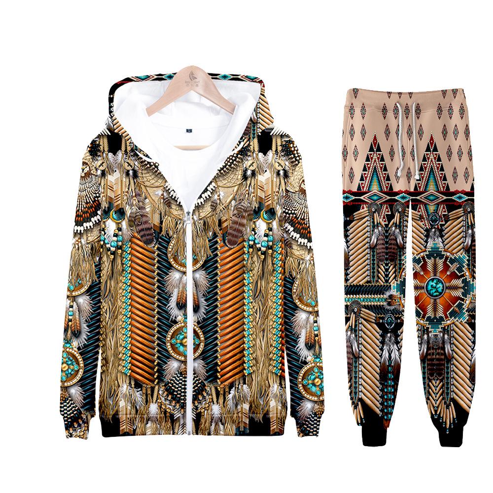 2025 Indisches 3D-Druck Freizeit-Kapuzenpullover mit Reißverschluss & Jogginghosen-Set