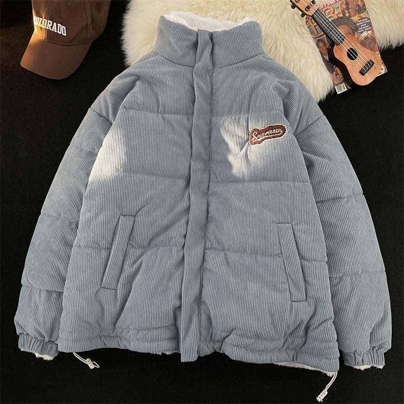 Men s Reversible Corduroy Stand Collar Jacket - Trendy Japanese Style, Loose Fit, Warm Plush Lining, Casual Outerwear. XX-Large синий