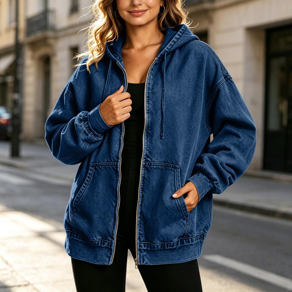 Women's Casual Full-Zip Hooded Denim Jacket for Everyday Wear