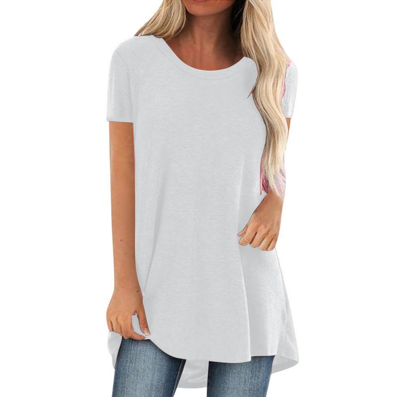 Women's Solid Color V-Neck Short Sleeve Longline T-Shirt Casual Loose Fit Summer Basic Tee Top Plus Size S-5XL