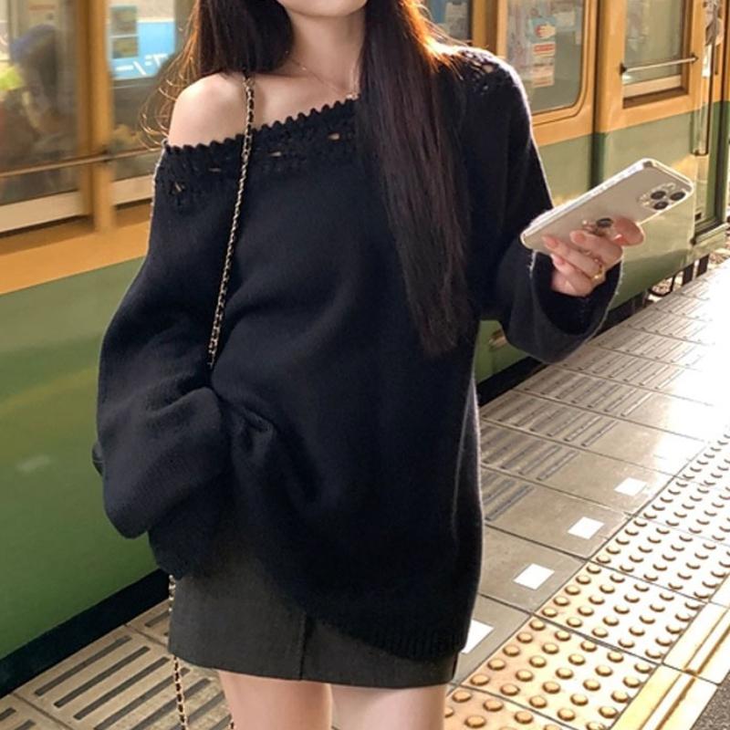 

Кружевная отделка во французском стиле, вязаный свитер с открытыми плечами, женский осенний топ с длинным рукавом, свободный, в стиле кэжуал One Size чёрный