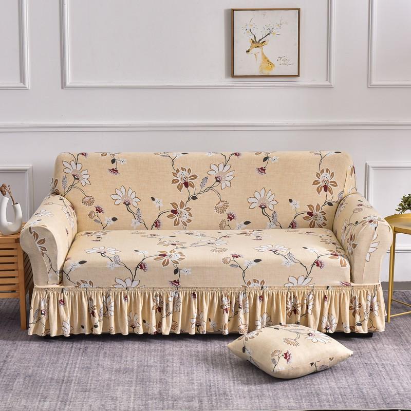 Elastic Stretchable Sofa Cover with Skirt Washable Furniture Protector Printed Slipcovers with Elastic Bottom for Living Room