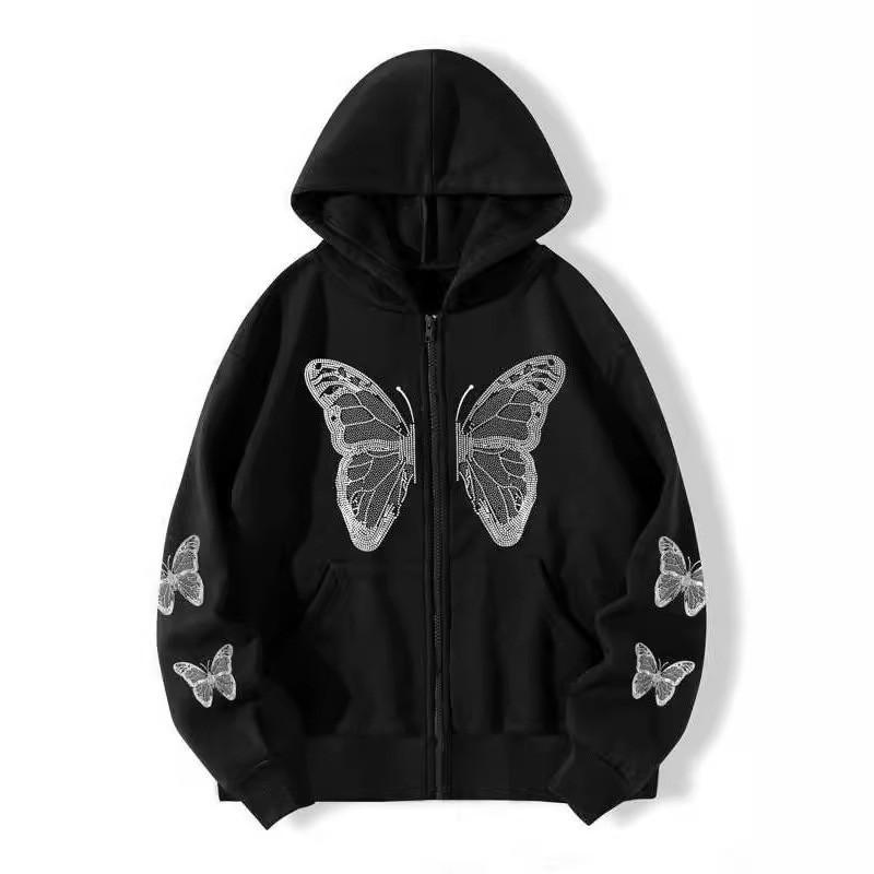 Womens Oversized Hooded Sweatshirt With Butterfly Print Y2K Style Fall Winter Casual Top