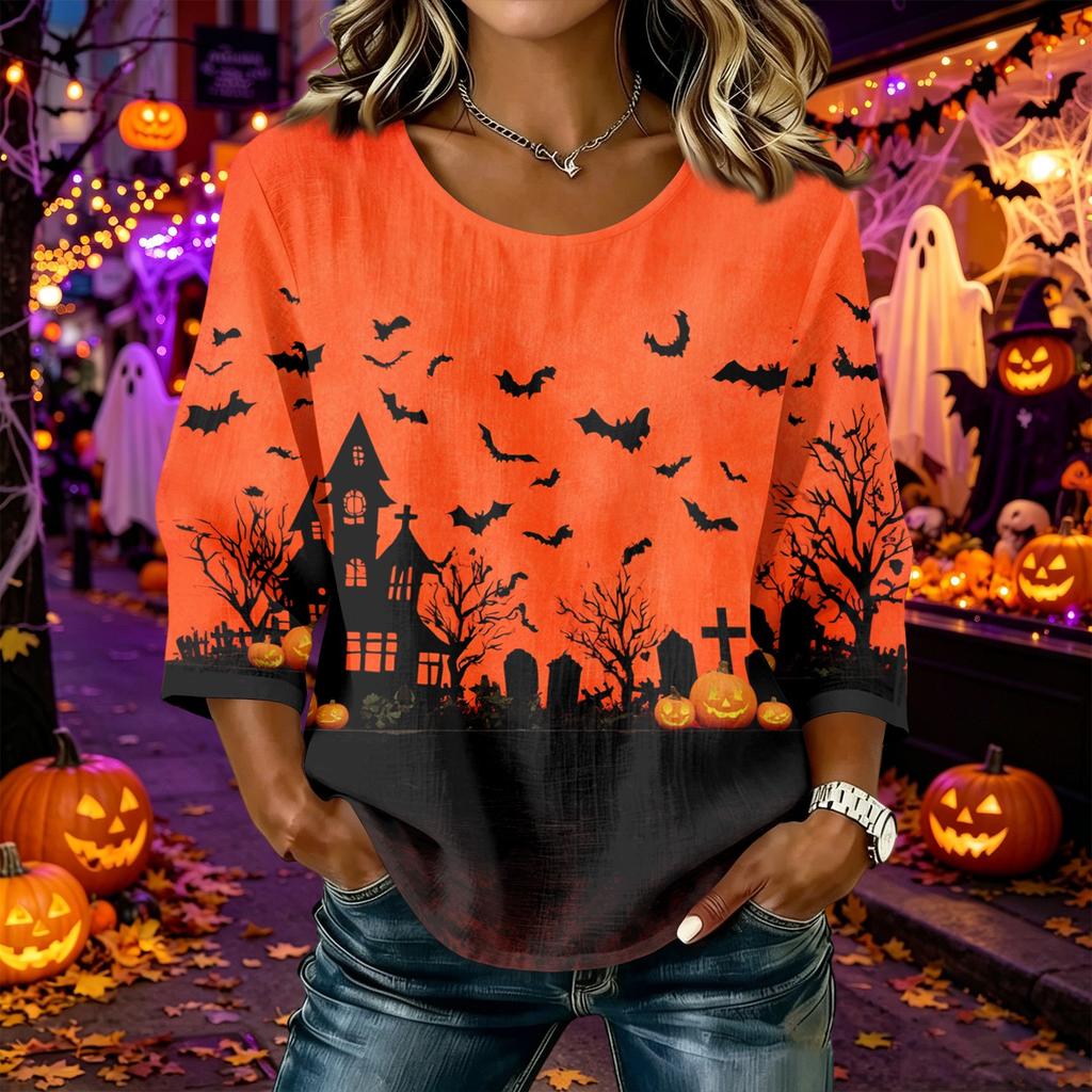 Women's Casual Halloween Print Round Neck Three Quarter Sleeve Linen Cotton Blend Top with Relaxed Fit and Comfortable Fabric Suitable for Daily Wear