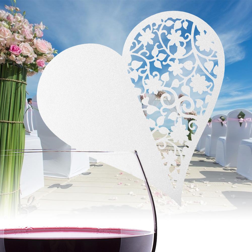 50pcs Heart Shape Wedding Hollow Name Place Cards For Wine Glass Table Decoration(White)