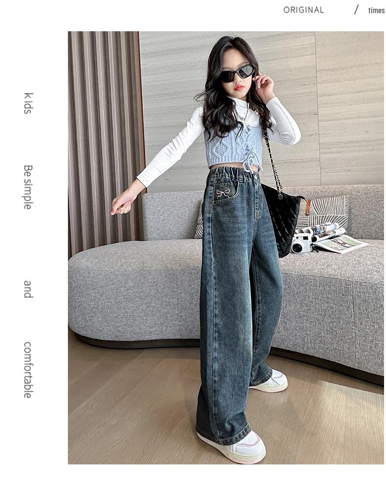 Girls' 2024 Spring & Autumn Fleece-Lined Wide-Leg Jeans - Straight-Leg Style for Winter, Suitable for Middle and Big Children.