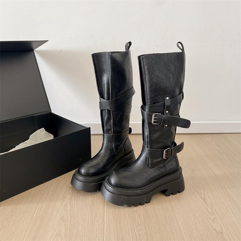 British Style Thick Heel But Knee Knight Boots Women's 2025 Autumn New Retro Versatile Thin Sweet Cool Buckle Boots