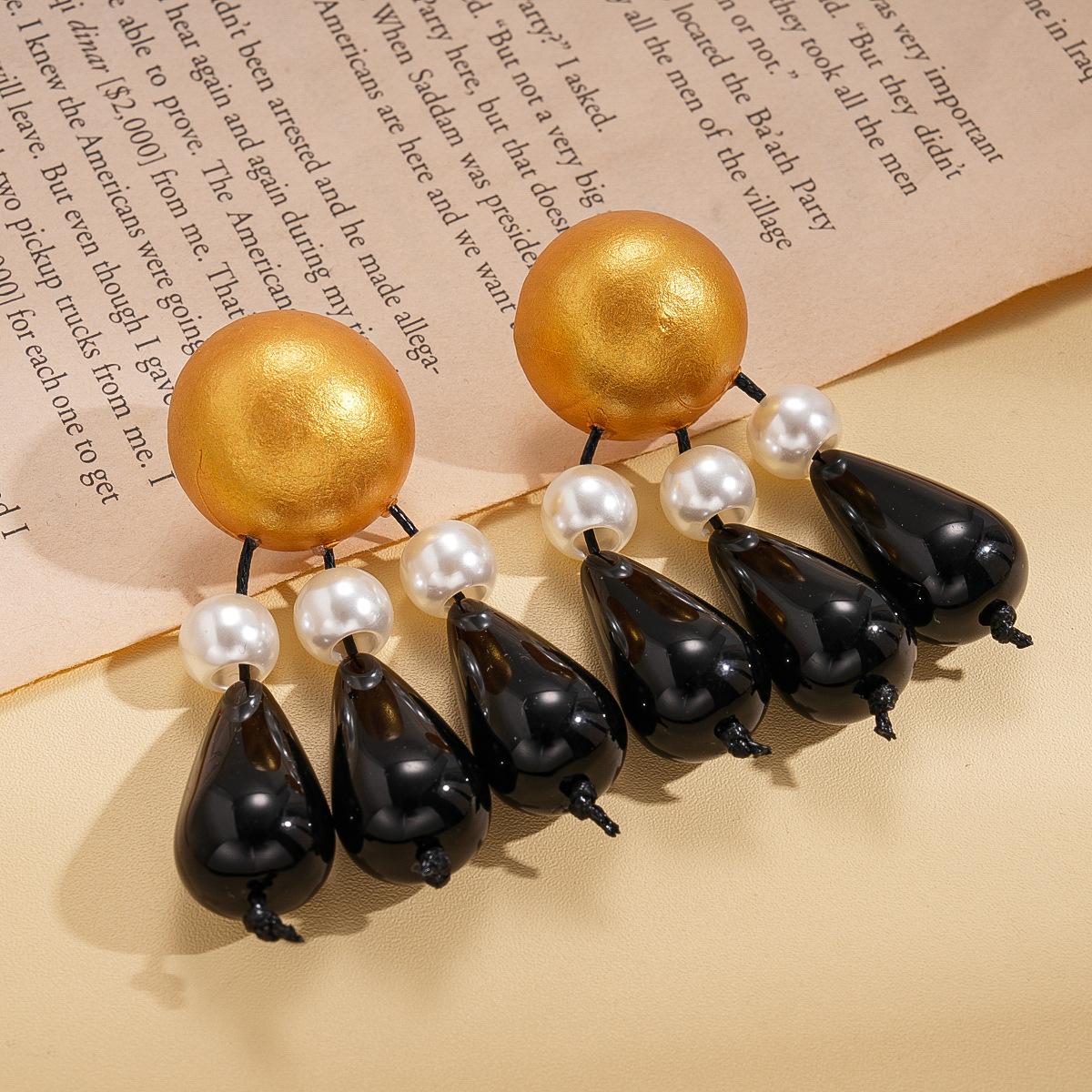 Round imitation pearl resin water drop fringed silver needle earrings medium antique niche earrings