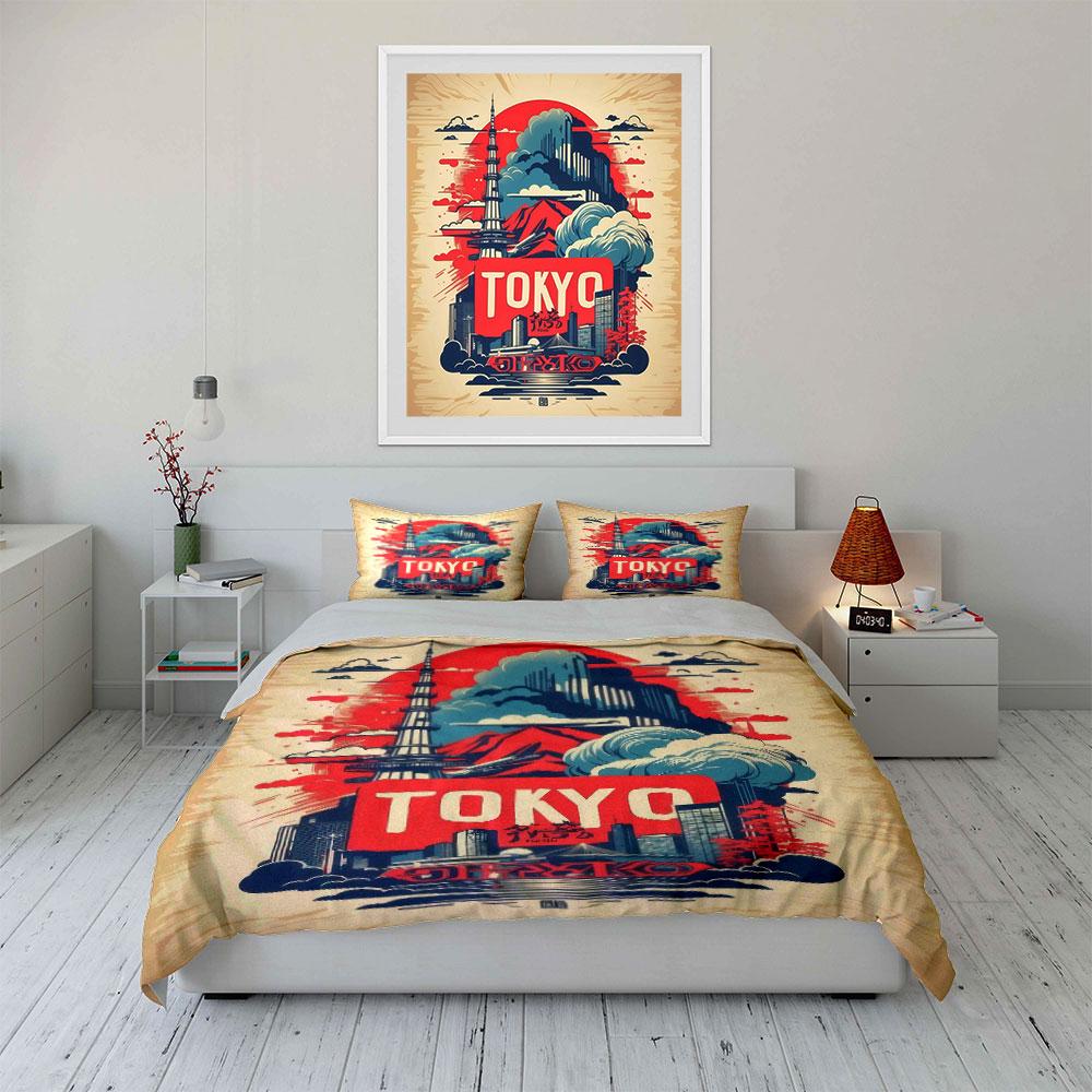 Tokyo Skyline Art Decoration Set Bedding Set with 1 Duvet Cover 2 Pillowcases Single Double King Queen, Gift