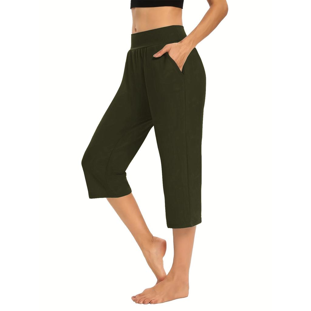 Women  Elastic High Waist 3/4 Pant Casual Active  Fit Wide Capris Leg Pants Trousers With Pockets