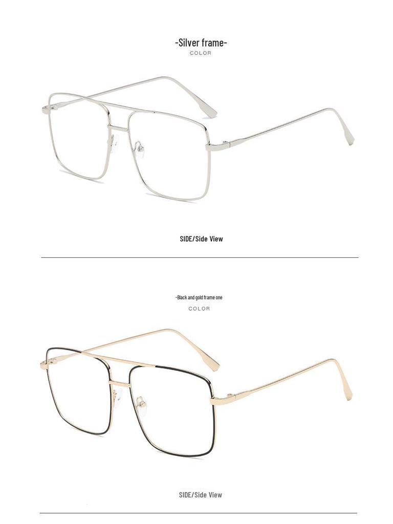 Double-Bridge Retro Metal Square Eyeglasses with Large Frame and Flat Lens