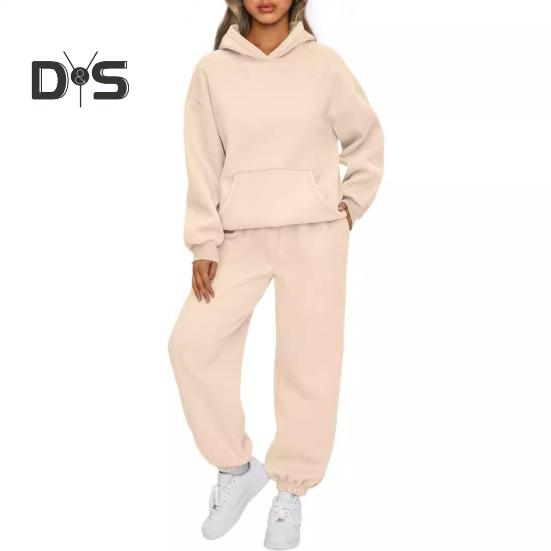 2 bucăți/set pantaloni sport pentru femei, cu glugă, cu mânecă lungă, de culoare pură, cu glugă, cu talie elastică, pantaloni largi, cu bandă la gleznă, ocazional, trening fitness zilnic