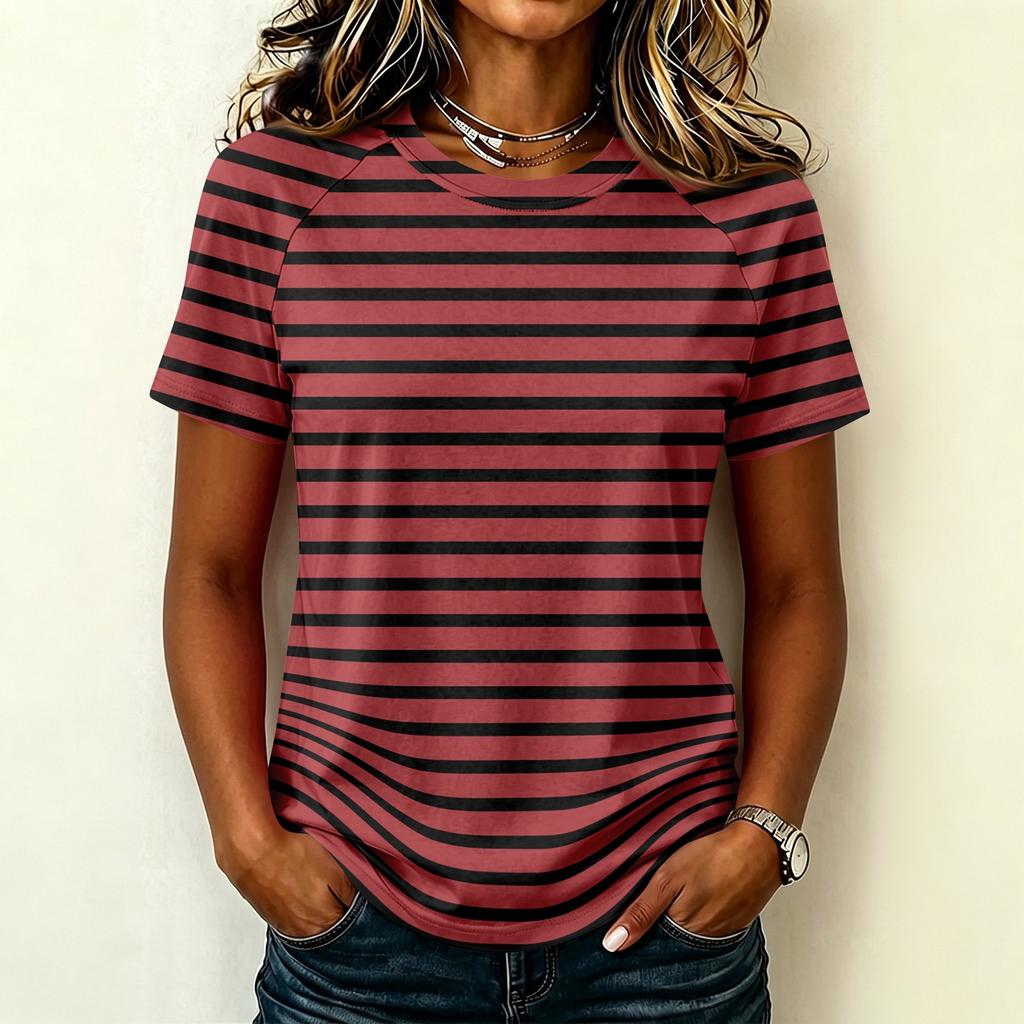 Women's Short Sleeve Raglan Pullover Neck Striped Print Casual Summer Fashionable Blouse Tunic Top for Women Everyday Outfit