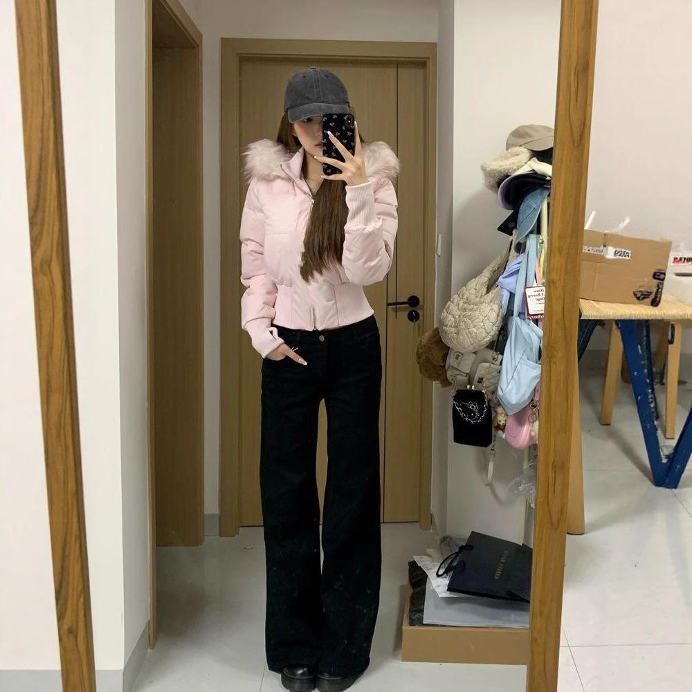 American pink fur collar hooded short cotton coat women's winter new slim fit thickened warm bread clothes cotton coat