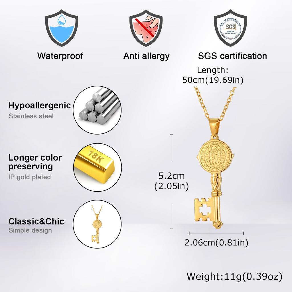Vnox Stainless Steel Virgin Mary Pendant Key Necklace for Men Women, Gold Color Catholic Religious Saint Benedict Jewelry Gifts