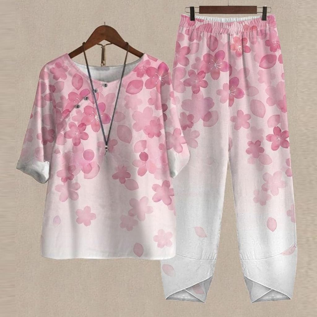 Women's Loose Fit Floral Printed Two Piece Outfit Half Sleeve T-Shirt Elastic Waist Pantsuit