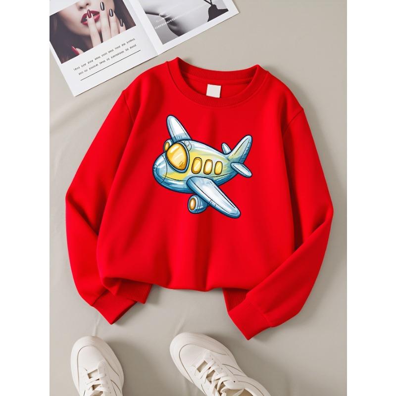 European sizes Kids Sweatshirts, Girls' Autumn Winter Cute Cartoon Airplane Print Long Sleeve Round Neck Sweatshirt, Casual Daily Wear.