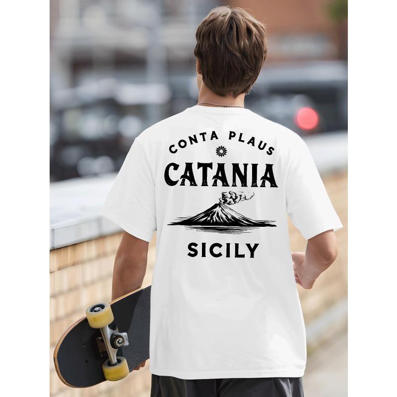 Catania Heren T-shirt met Italiaanse Inspiratie en Rugprint - Mount Etna & Catania Grafisch, Ademend Rond Hals Kort Gebreide Mouwen, Atletische Pasvorm voor Sportschool, Basketbal