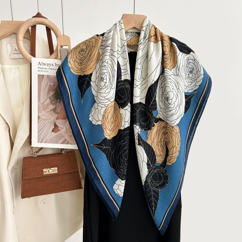 Quadratischer Schal im koreanischen Stil mit weißem Blumendruck - Weich, elegant, hautfreundlich, warmer Fischgrät-Schal für Herbst und Winter