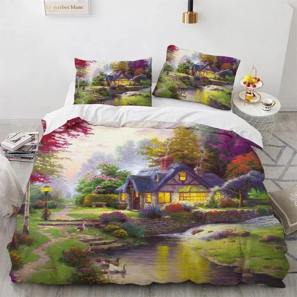 Beautiful Painting Duvet Cover Set King Queen Size Polyester Bedding Set for Kids Boys Girls Comforter Cover House Tree Pattern
