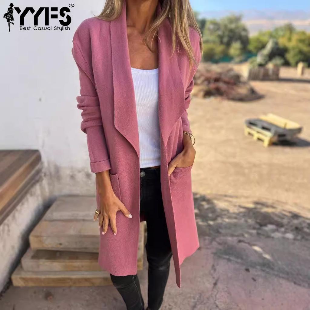 YYFS Damemote Uformelt Høst Vinter Ensfarget Print Langermet POLO Neck Coats