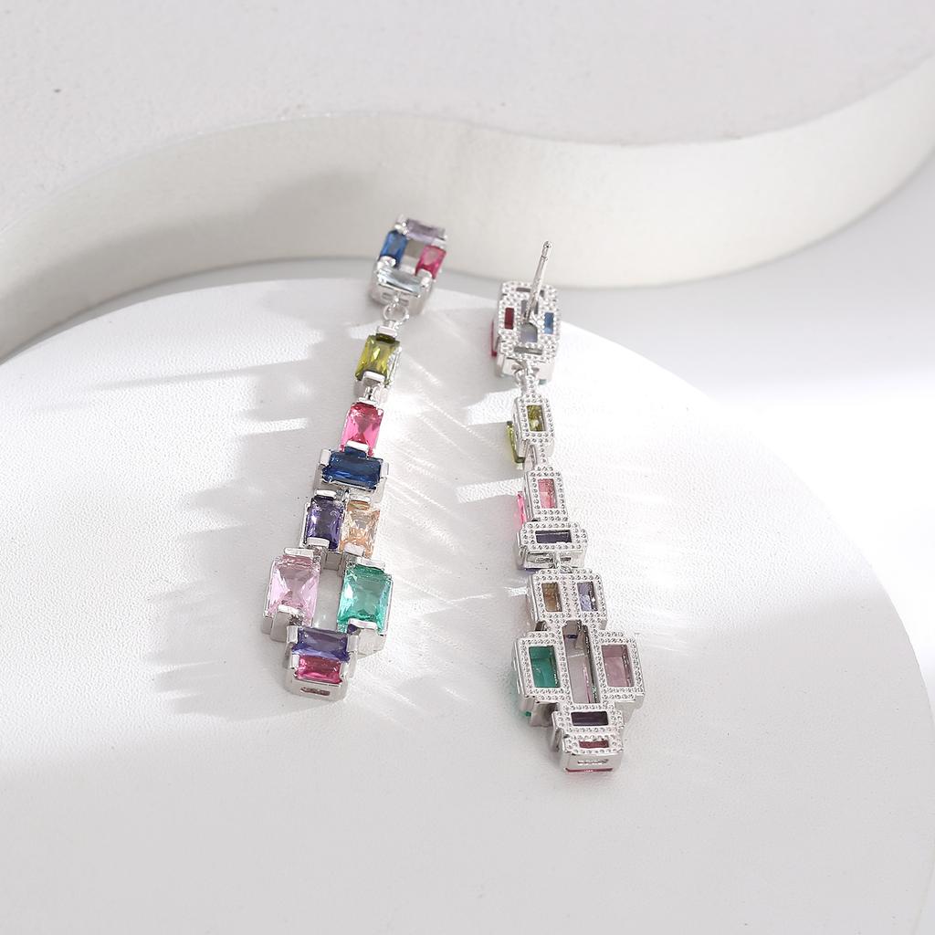 European and American color zircon earrings heavy industry long stud earrings niche design high-end earrings