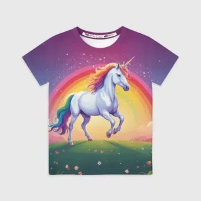 Children's Cartoon Unicorn Print Multi-color T-shirts Girls Fashionable Sof Comfortable T-shirt