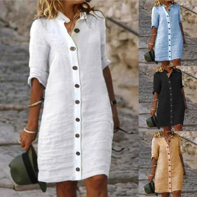 Women Cotton Linen Loose Blouse Dress Summer Female Turn Down Collar Button Long Sleeve Solid Baggy Blouse Vestidos