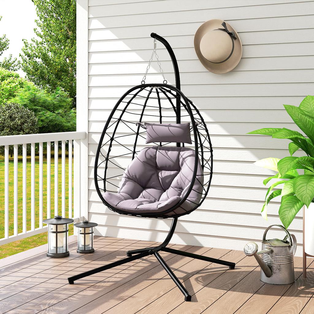 Hanging Egg Chair Outdoor Indoor Garden Swing Chair with Folding Basket, Thickened Cushion, Garden Hanging Chair with Stand, Headrest for Patio