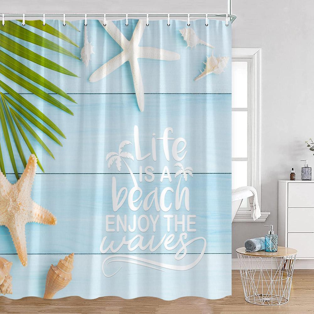Summer Vacation Shower Curtain Beach Shell Wooden Plank Pattern Holiday Inspiring Words Bath Curtain Polyester Bathroom Decor
