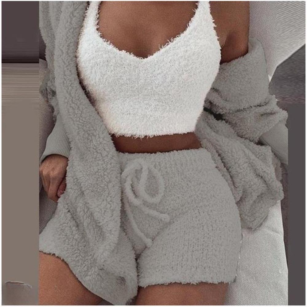 Women's Loose Fit Three Piece Loungewear Long Sleeve Fuzzy Cardigan V Neck Tank Drawstring Waist Shorts Winter Solid Tracksuit